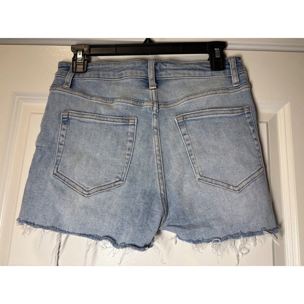 Vervet Los Angeles Asymmetrical Crossover Denim Shorts Light Wash Distressed 28 - Picture 3 of 5